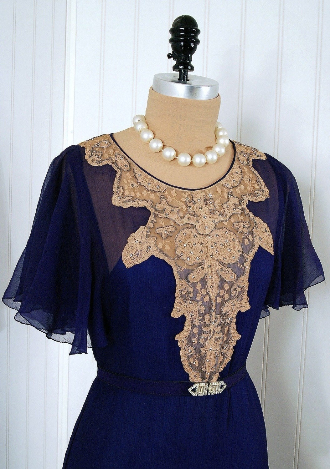 1920's Antique Vintage Navy-Blue Flutter Crepe-Chiffon Rhinestone Lace Art-Deco Couture Flapper Dress