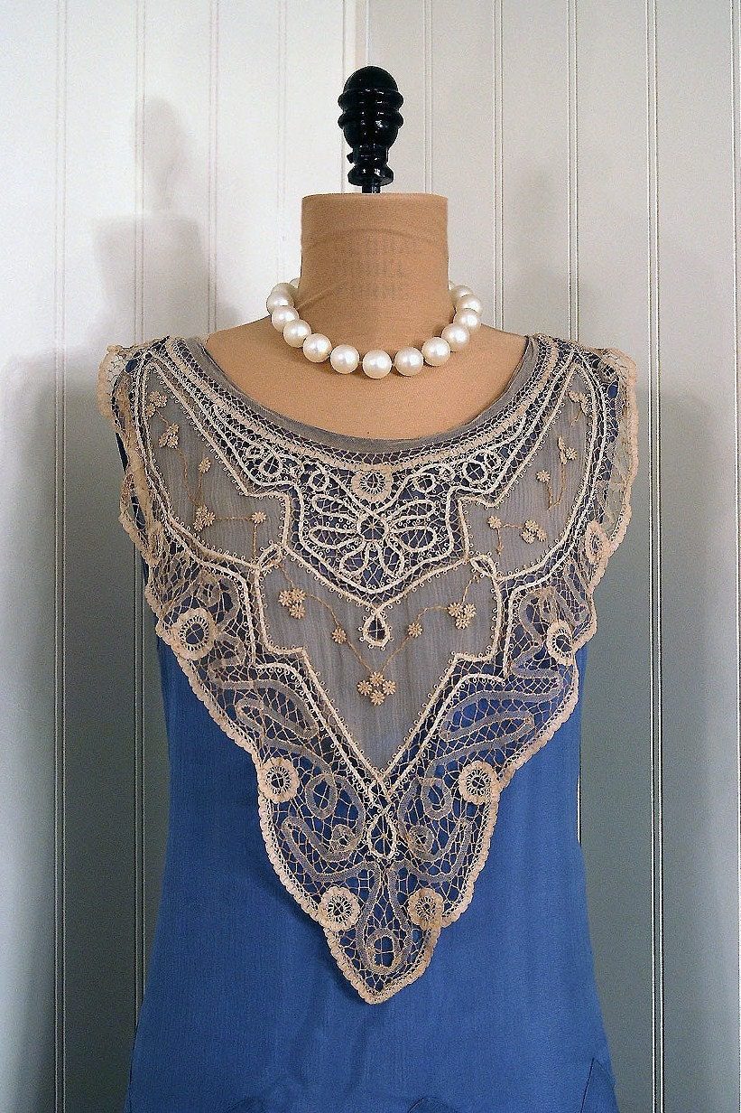 1920's Antique Vintage Elegant Periwinkle-Blue Silk Crepe-Chiffon Couture Ivory-White Embroidered Mixed-Lace Bib Collar French Flapper Drop-Waist Deco Wedding Party Cocktail Dress and Scarf
