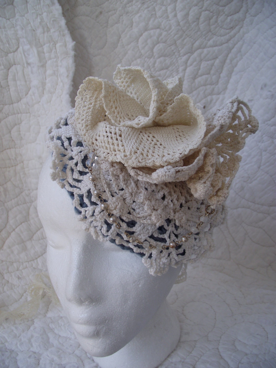 Fascinator - Spring Bonnet - Cocktail Party Hat Vintage lace, doily, and pearls, crochet hat