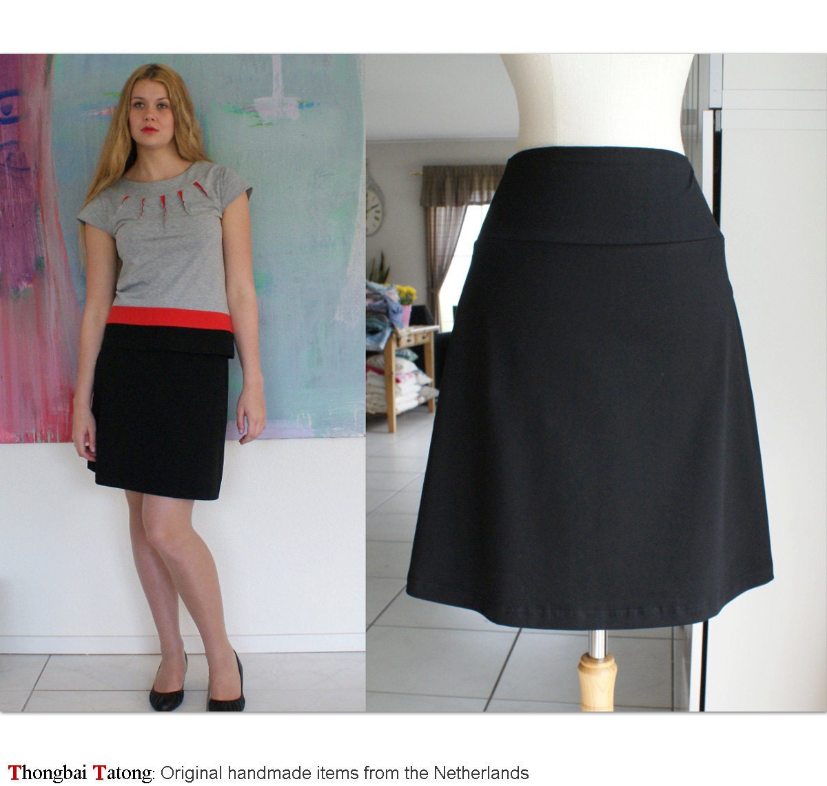 Items similar to SALE, Aline skirt, above knee, black jersey skirt