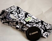 DSLR Camera Neck Strap Cover, Padding and Lens Cap Pocket, Canon and Nikon Compatible - Dandy Damask Black