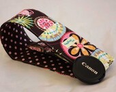 DSLR Camera Strap Cover, Padding and Lens Cap Pocket, Canon and Nikon Compatible- Carnival Bloom and Dumb Dot