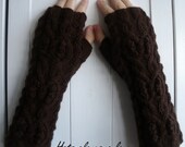 Chocolate Brown Cable Knit  Arm Warmers Fingerless Gloves - Pure Wool - Adult UK