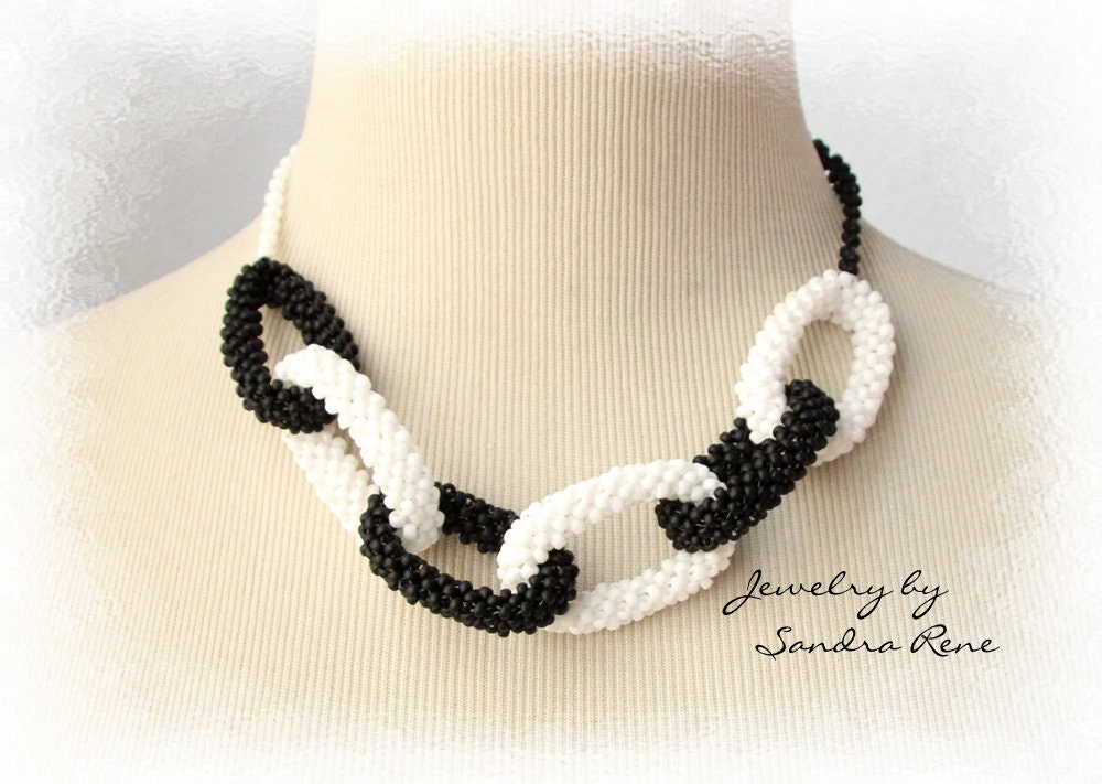 Beadwork Necklace - Beadwoven Art Deco - Black and White Beadweaving, Seed Bead Jewelry