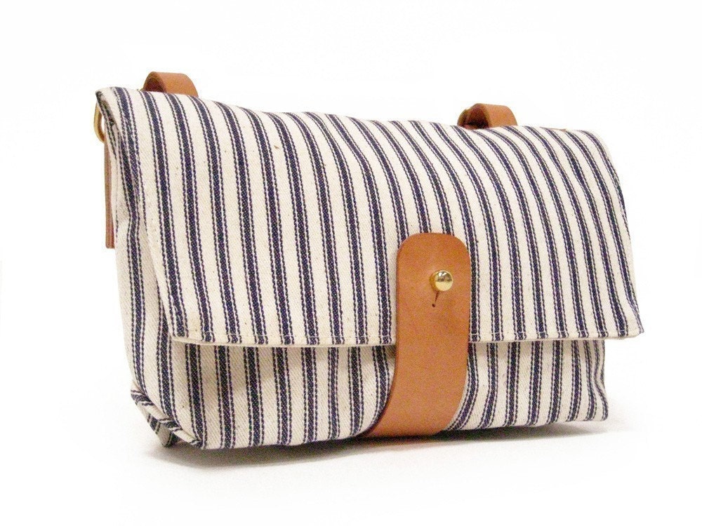 Handlebar Bag in Blue and White Striped Ticking