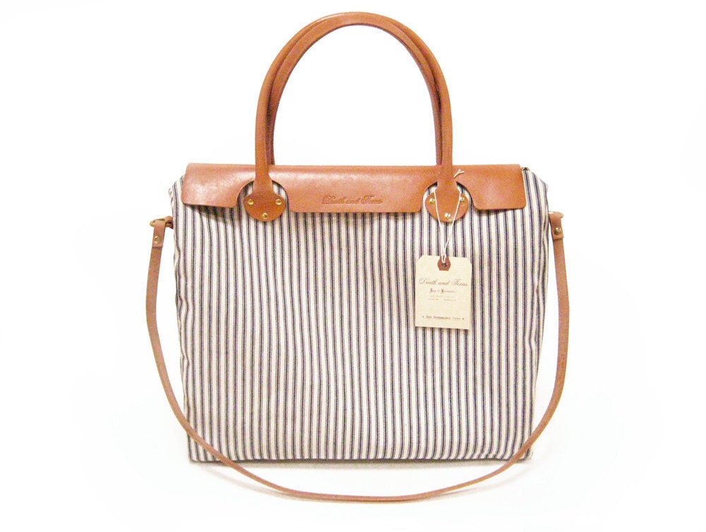 Weekender Tote in Blue and White Striped Ticking