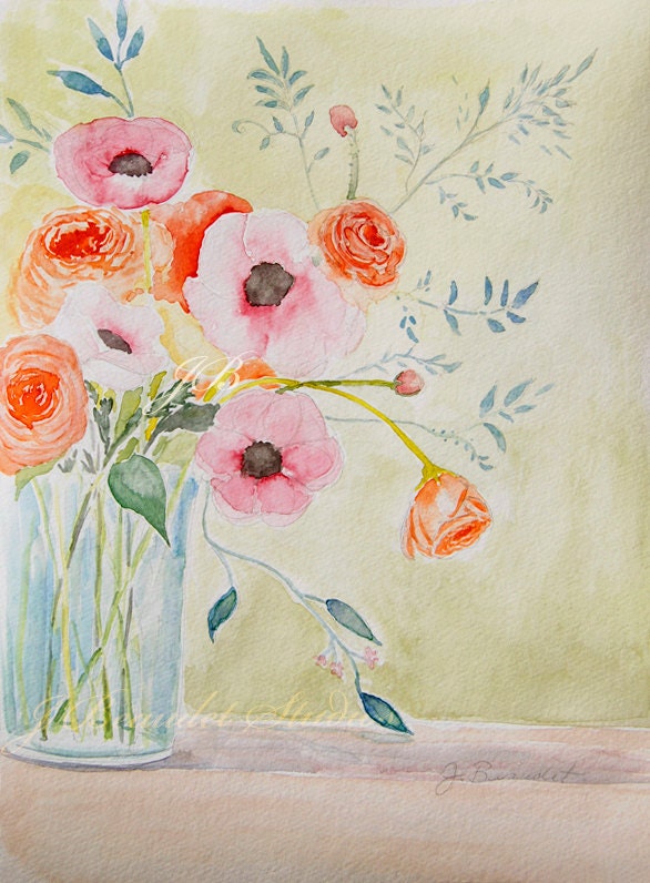 Print Original Watercolor Illustration Spring Floral  Anemone 8x10
