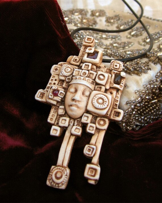 faux ivory polymer clay pendant- Adorned in Squares
