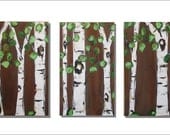 Birch Trees on Chocolate Triptych with Real Texture Commission by Kristen Dougherty