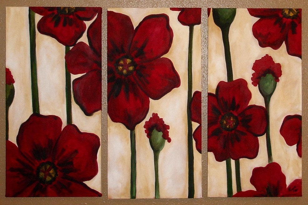 Red Poppy Triptych Commission by Kristen Dougherty
