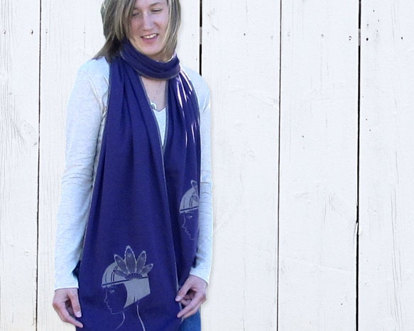 Flapper Girl Purple scarf, Cotton jersey knit scarf, Feather Vintage Woman Screenprint - Tan, Taupe, Beige, Khaki (SC7)