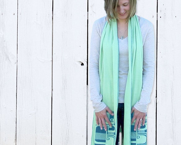 Jersey Knit, Cotton Scarf, Modern Geometric Pattern - Aqua Blue, Light Green Screenprint (SC14)