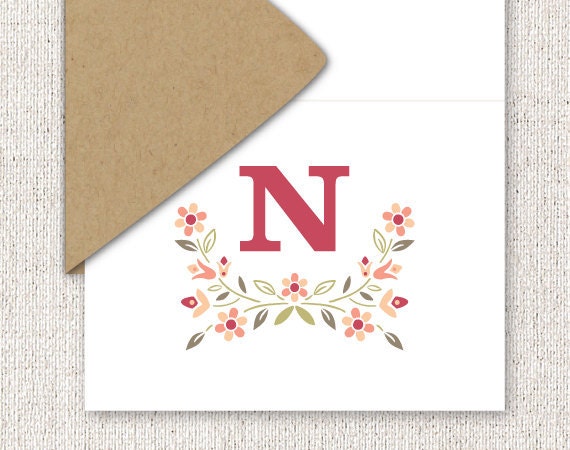 Personalized Stationery Monogram - Vintage Flourish Folded Note Cards, Spring, Summer, Pink, Red  - Choose Your Color (Set of 8)
