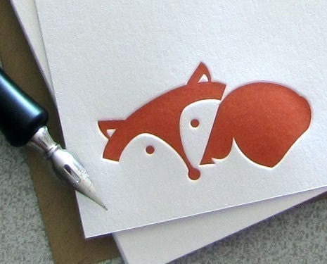 Fox Note Card Set - Fox Letterpress Stationery Set - Laying Fox, Autumn, Fall, Red, Rust Orange - 10 pack (NLF1)