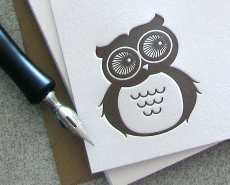 Hoot Owl Cute Letterpress Note Card Set - Mocha Dark Brown - Summer, Autumn, 10 pack (NHL01)