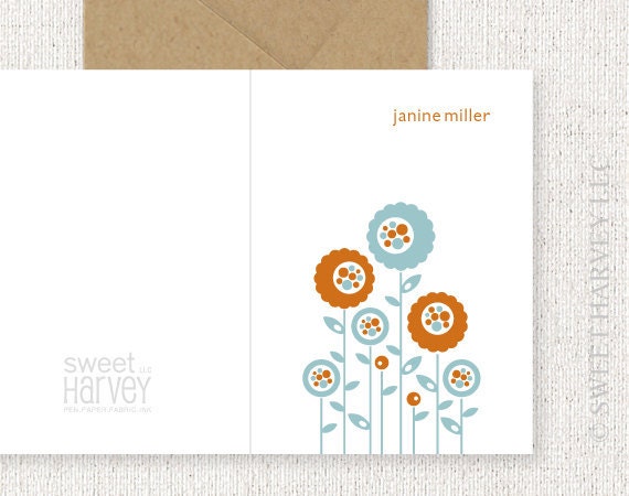 Retro Flowers Personalized Stationery - Folded Note Cards, Flower, Garden, Rust Orange, Aqua Blue - Choose Your Color (Set of 8)