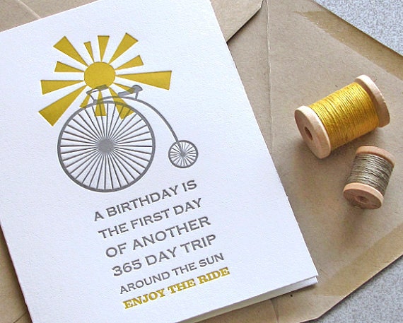 Bicycle Greeting Card: Happy Birthday Letterpress Card Set - Bike, Sunshine, Honey Gold, Yellow, Grey (Set of 3)