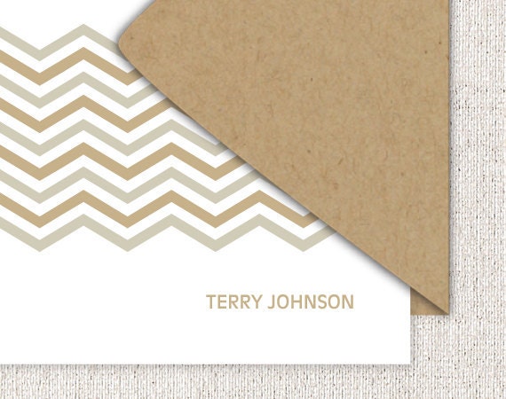 Chevron Personalized Stationery - Chevron Stripes, Zig Zag Pattern, Fathers Day, Tan, Taupe, Beige, Khaki (Set of 8)