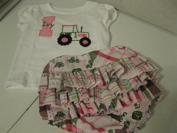 John Deere Ruffle Diaper Booty Cover AND Matching Appliqued Tank Top OR Onesie 0-24m