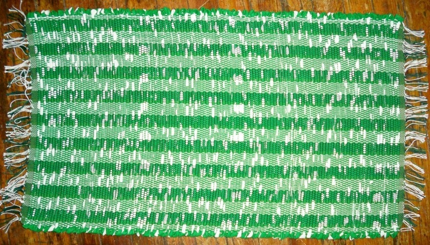 Rag Rug Doormat, Handwoven - Bright Green, White (Inv. ID 16-1290)