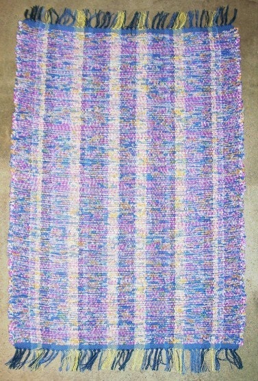 Rag Rug, Handwoven - Blue, Rose w/ Yellow (Inv. ID 1-1280)