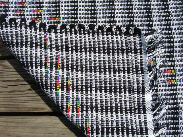 Rag Rug, Handwoven, ALTERNATIVES Pattern w/ Laid-in Design - Black, White, Rainbow (Inv.ID 5-0980)