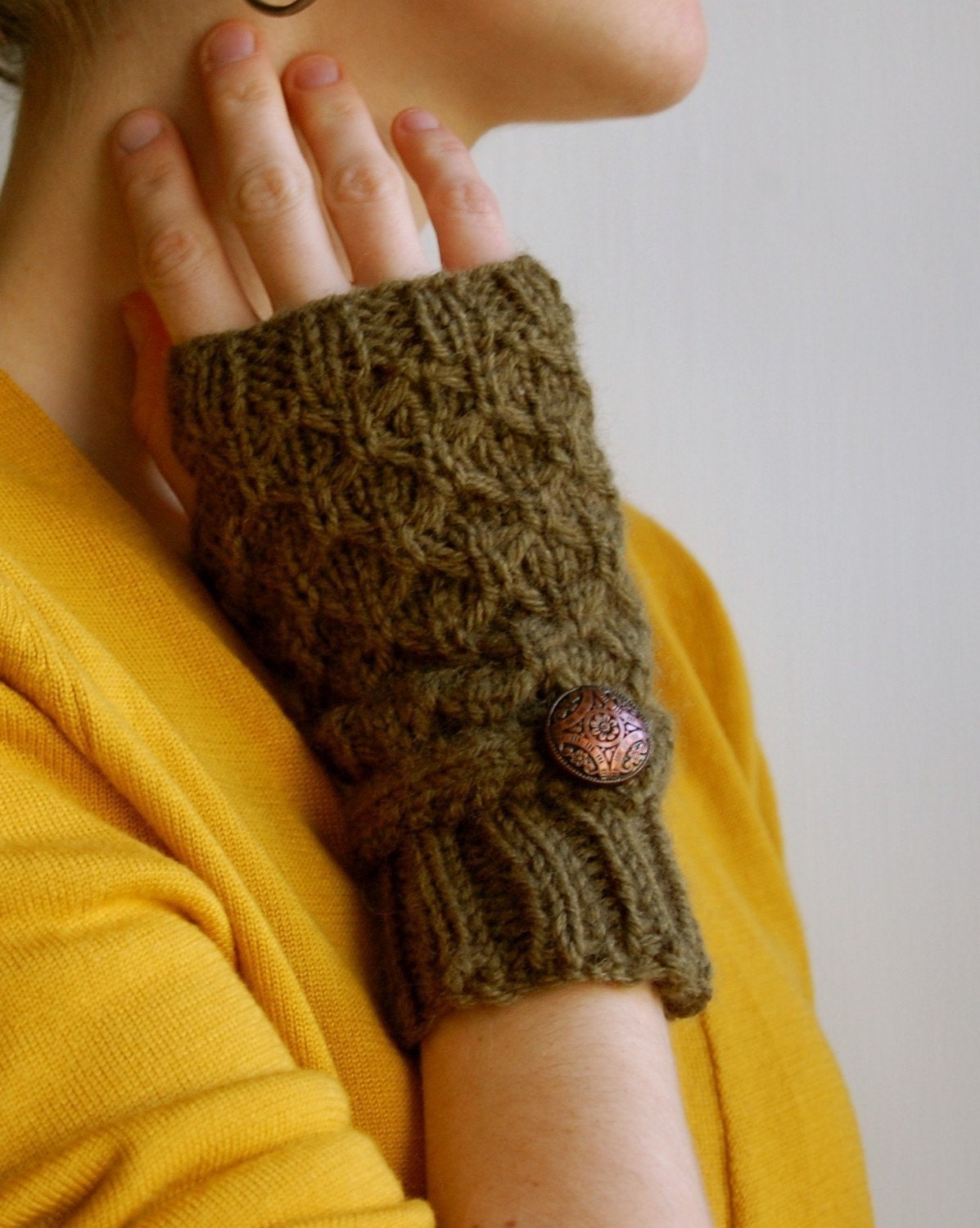 Knit Fingerless Gloves, Olive Green, Wool, Honeycomb with Strap