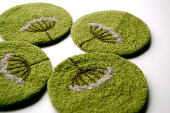Felted Coasters, Wool, Queen Anne's Lace in Lime Green, Set of 4