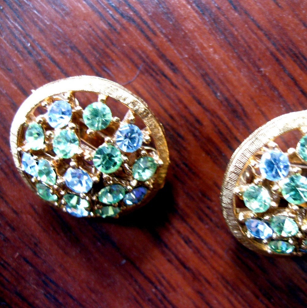 Vintage Lisner Earrings Pale Blue Green Rhinestones Gold Clip On