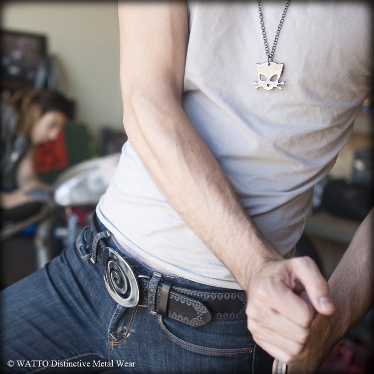 Metal Outlaw Kitty Pendant on Gunmetal Chain by WATTO Distinctive Metal Wear