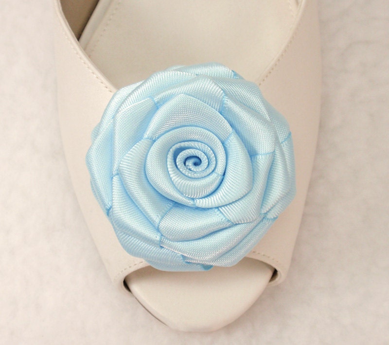 Something Blue- Shoe clips 2"- Light Blue ribbon roses, wedding shoe clips, blue shoe clips...