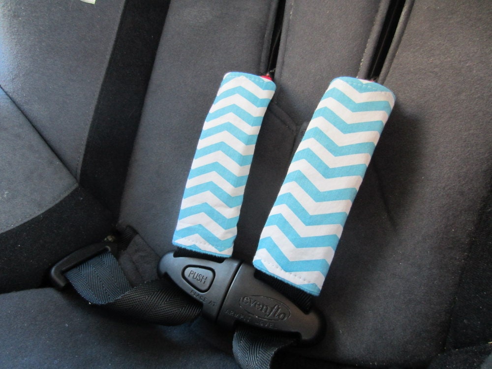 ORGANIC Car Seat Strap Covers (REVERSIBLE), Seat Belt Covers, Blue Chevron