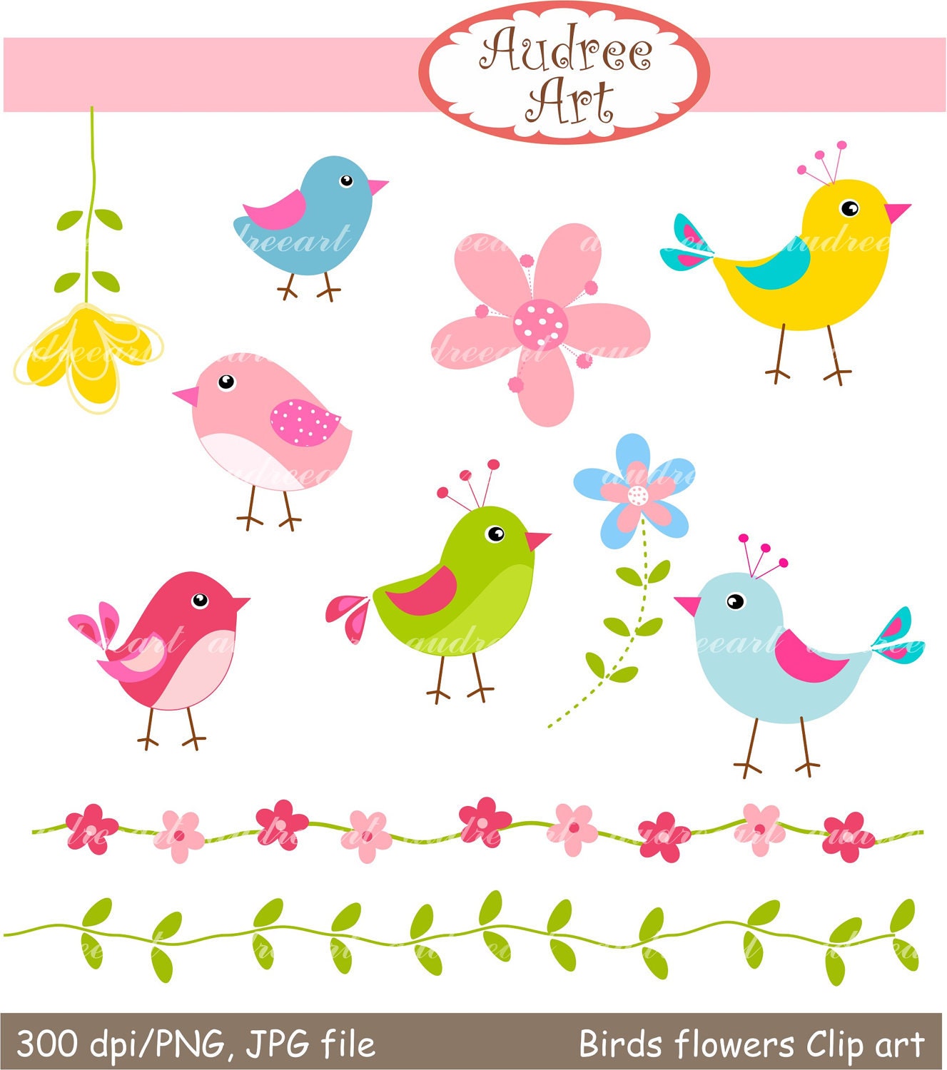 Clip art birds, birds and  flowers ,  instant download clip art