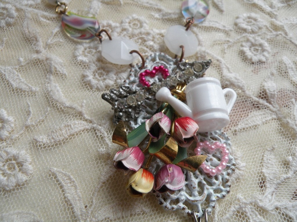 GARDENING vintage collage assemblage necklace summer flowers charm ooak shabby flea chic