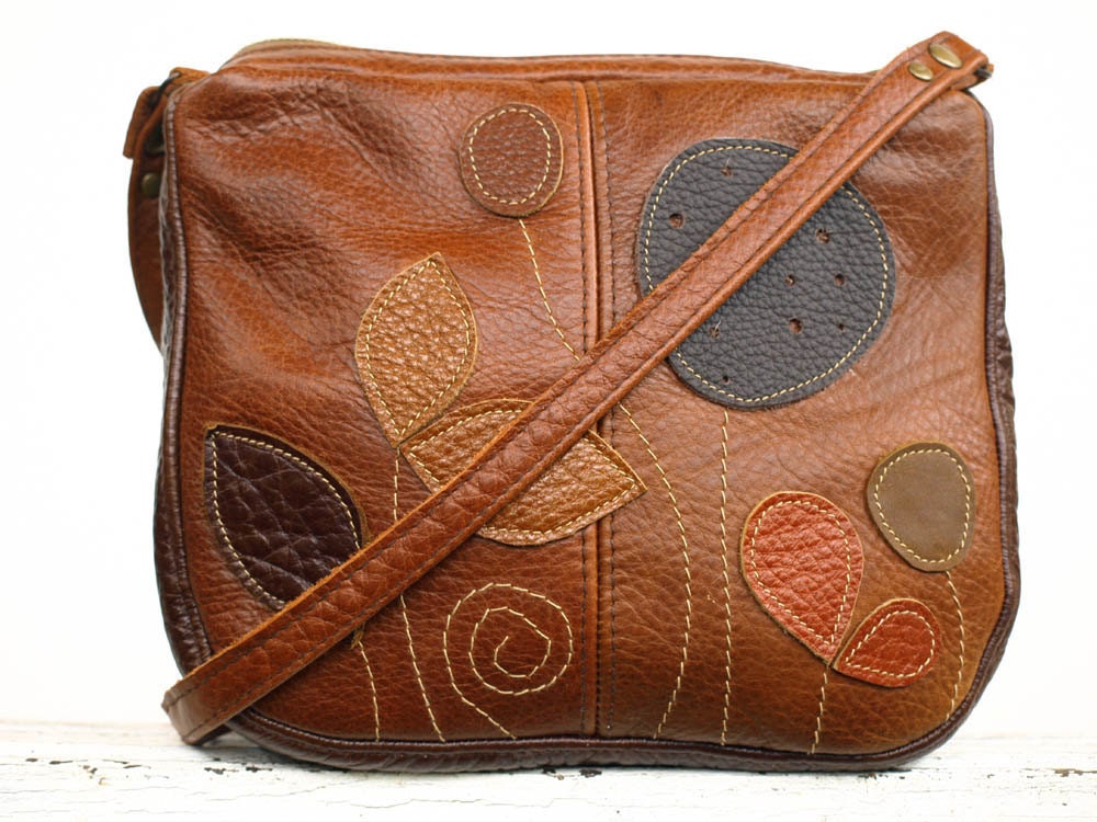 Brown Leather Bag Cognac Leather  Bag Applique Leaves Bag Leather Fall Handbag Rustic Harvest Colors - EightSeasons