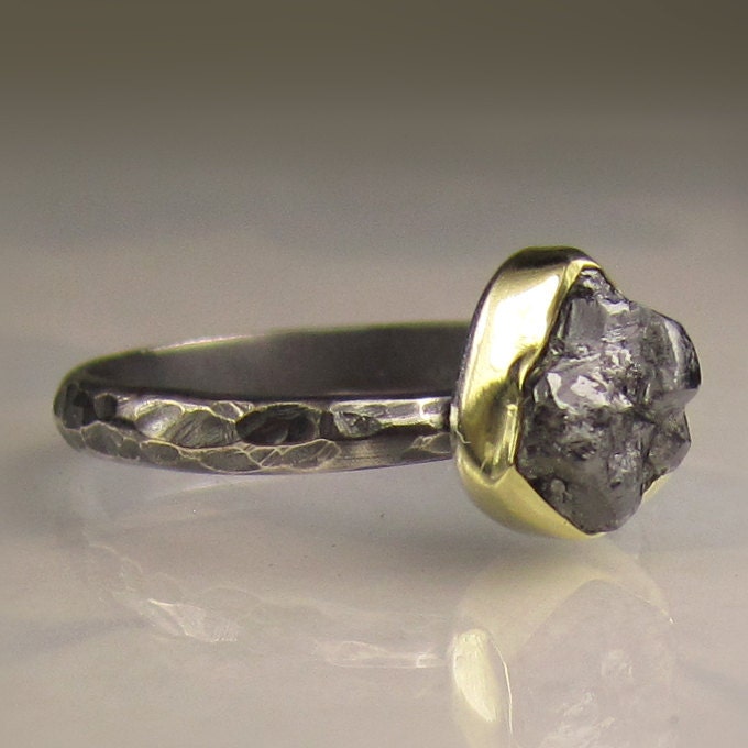 Natural Rough Black Diamond Engagement Ring - 18k Gold and Sterling