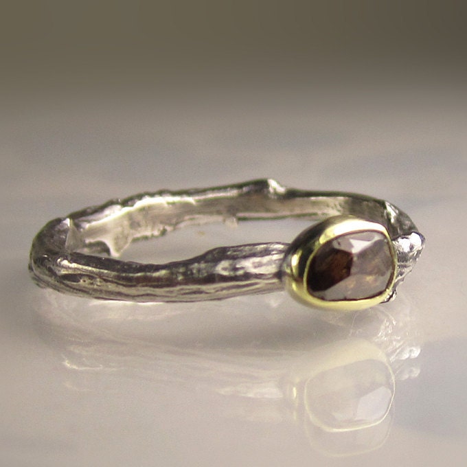 Rose Cut Cognac Diamond Twig Ring - 18k Gold and Sterling