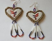 Heart-shaped quill and bead earrings, "Slash"