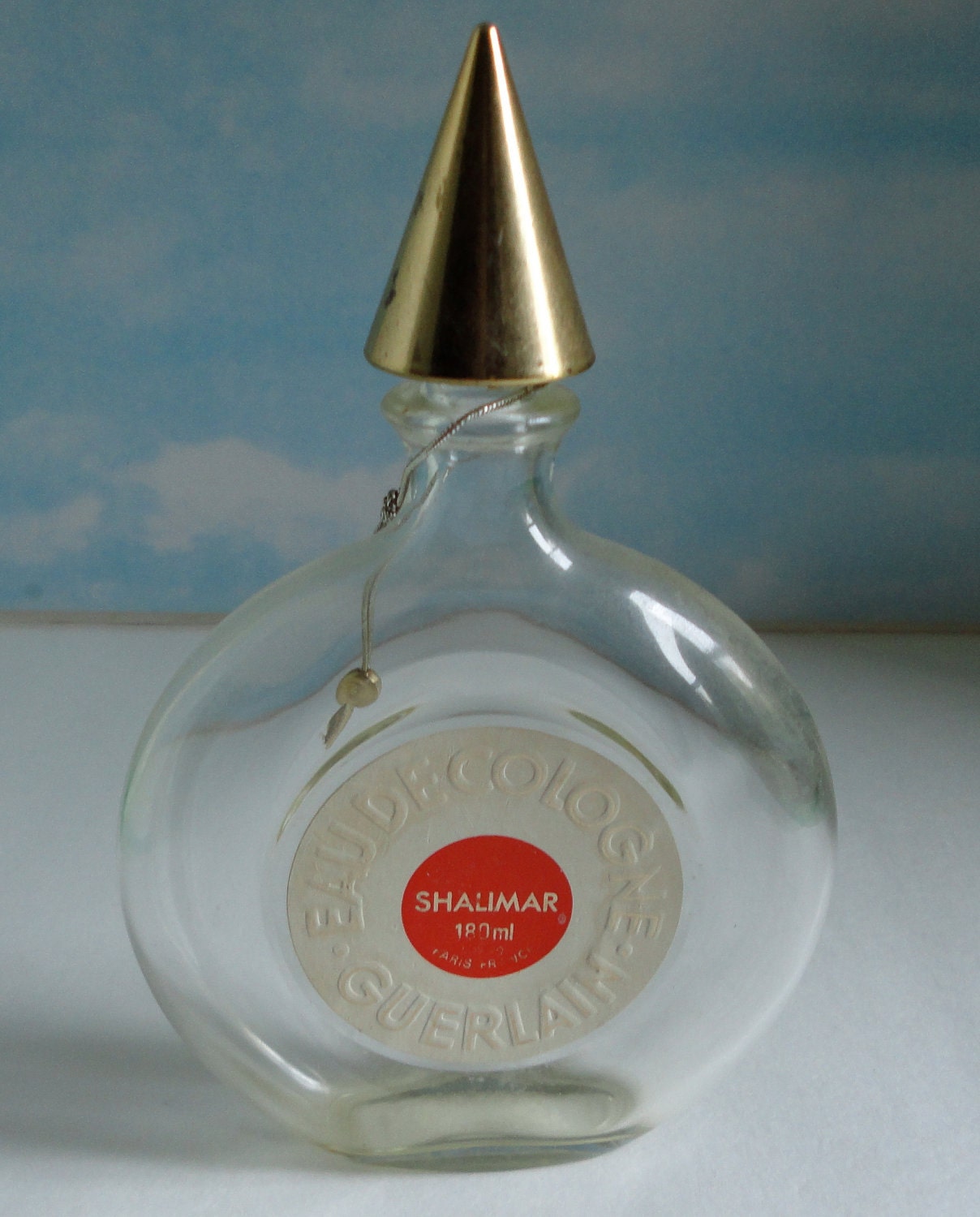 Vintage Large Shalimar Round Disk Bottle w/ gold cone lid. Guerlain