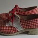 1970s Red Gingham Check and Leather Platform Shoes. Size 8 1/2 B