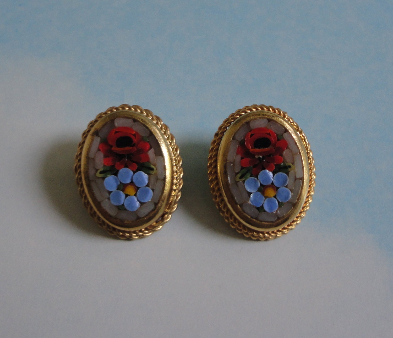Vintage Micro-Mosaic Clipon Earrings. Red Rose and Blue Flower