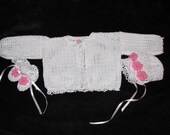 For baby girl - baby booties, bonnet, sweater set with pink roses for christening, baptism, baby shower from Ohio