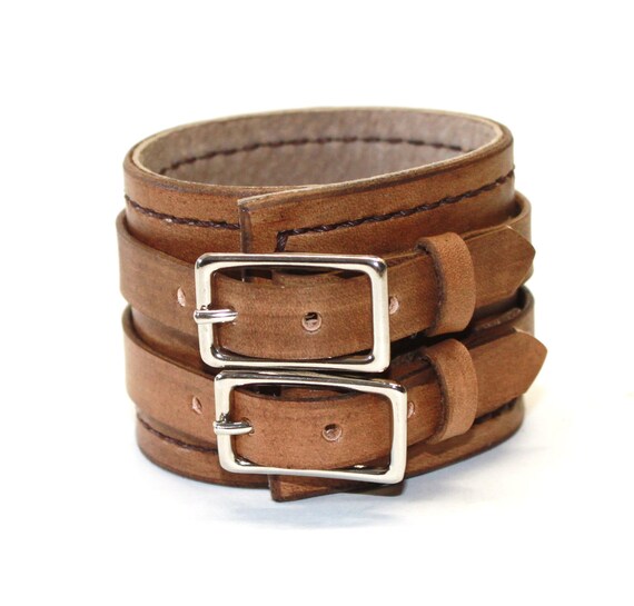 Rugged Brown Leather Cuff Bracelet Adjustable with Buckles Mens Womens