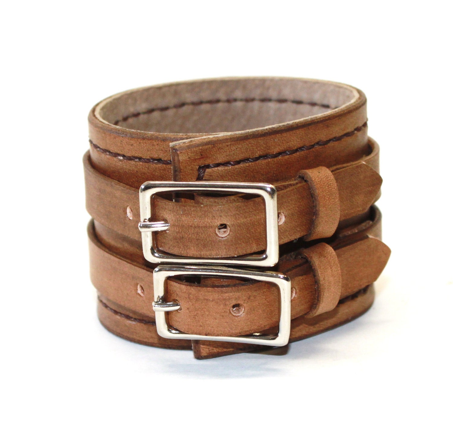 Rugged Brown Leather Cuff Bracelet Adjustable with Buckles Mens Womens