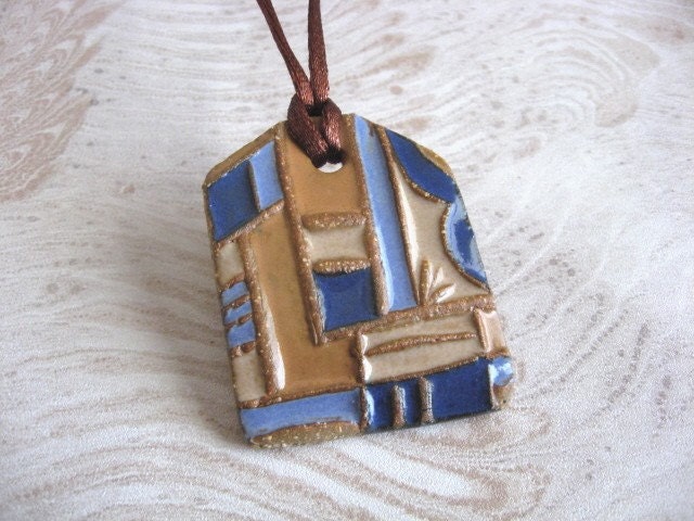 Handmade Ceramic Pendant Cloisson Series Cobalt Blue and Shades of Brown