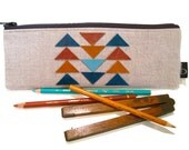 Organizer Pouch Native American Inspired Organic Linen w Triangle Leather Applique in Turquoise Yellow Ochre & Terra Cotta