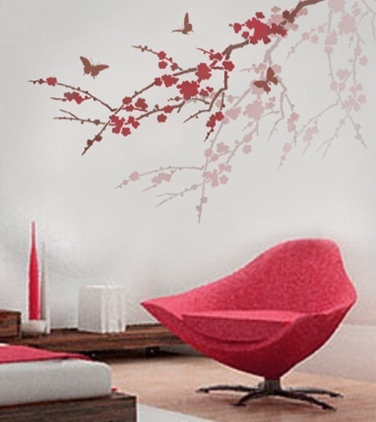 Stencil Sakura and Butterflies. Reusable stencils better than Wall Decals