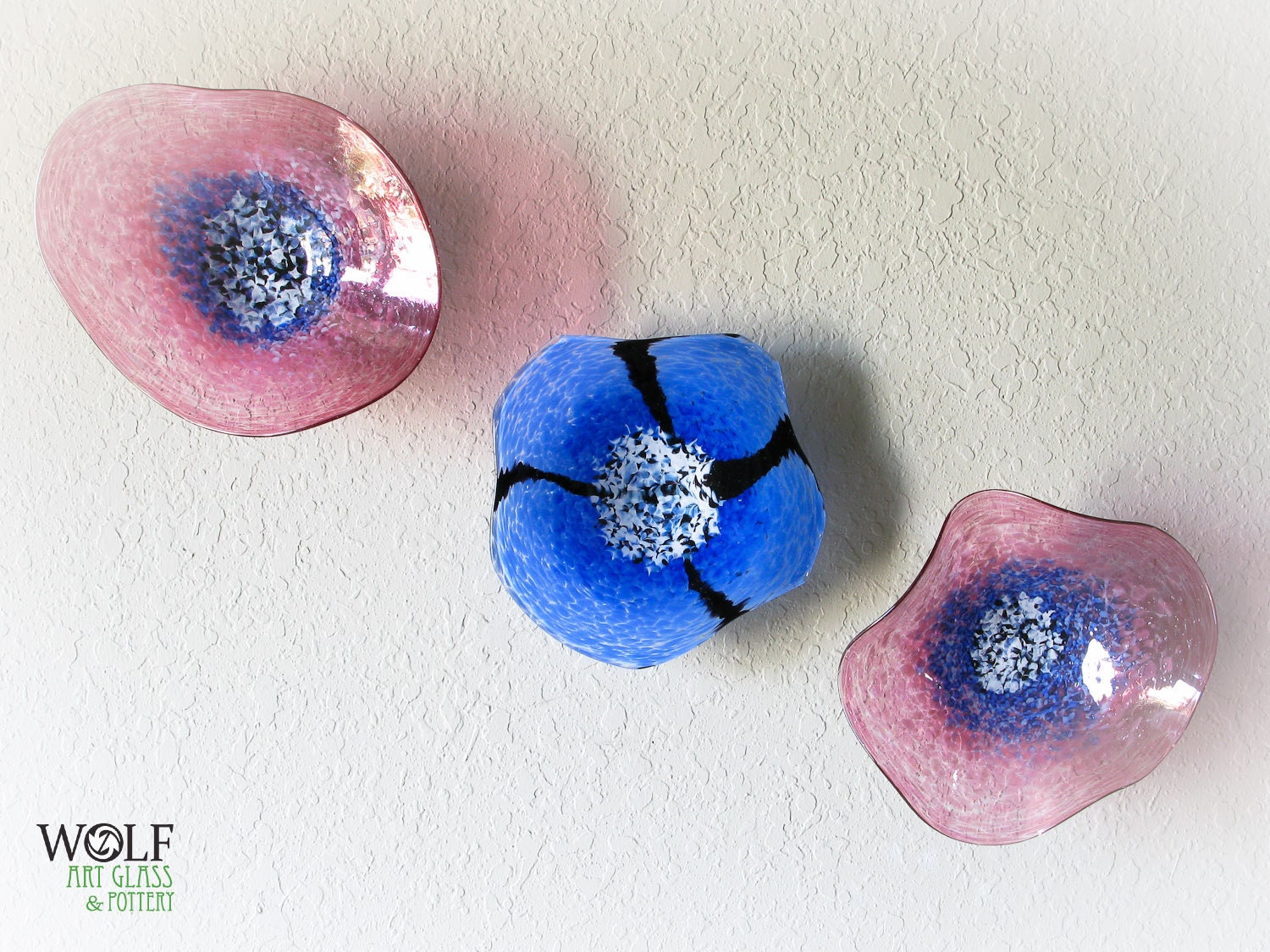 Blown Glass Wall Art Collection Sapphire Blue Morning Glory and Fuchsia Pink Poppies Blown Glass Wall Art Collection Sapphire Blue Morning Glory and Fuchsia Pink Poppies