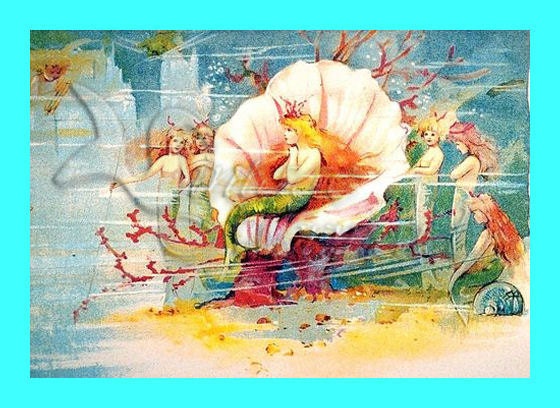 s37 Fairy Tale little Mermaids Print illustration Cotton Fabric Panel Applique Block for Quilting 5x7