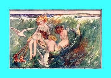 s101 Vintage Art Nouveau Mommy Mermaid and her Kids Postcard Print Cotton Fabric Panel Applique Block for Quilt & Crafts 5x7